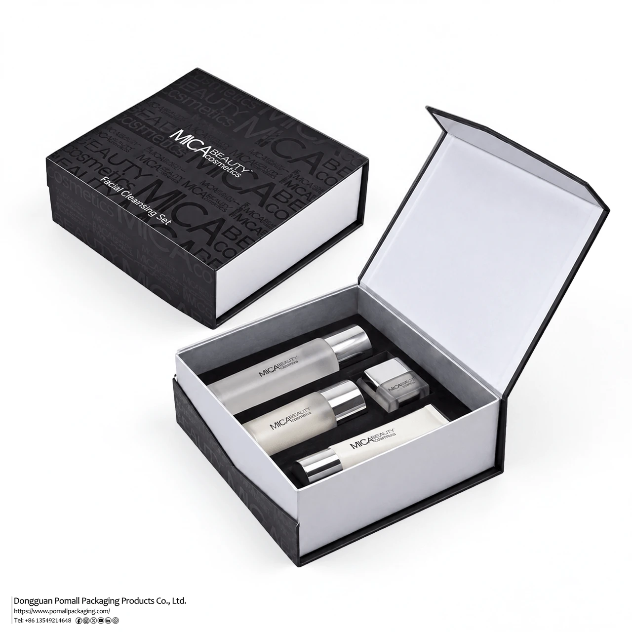 Black and white skincare gift box with magnetic lid and foam insert Black and white skincare gift box with magnetic lid and foam insert